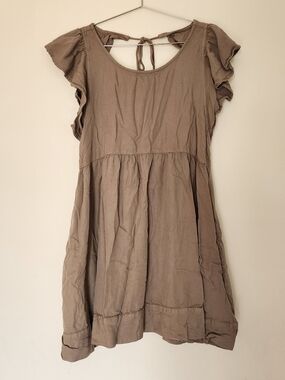 Beyond Words Dress Women Medium Brown Ruffle Sleeve Tie Back Mini Pocket Casual
